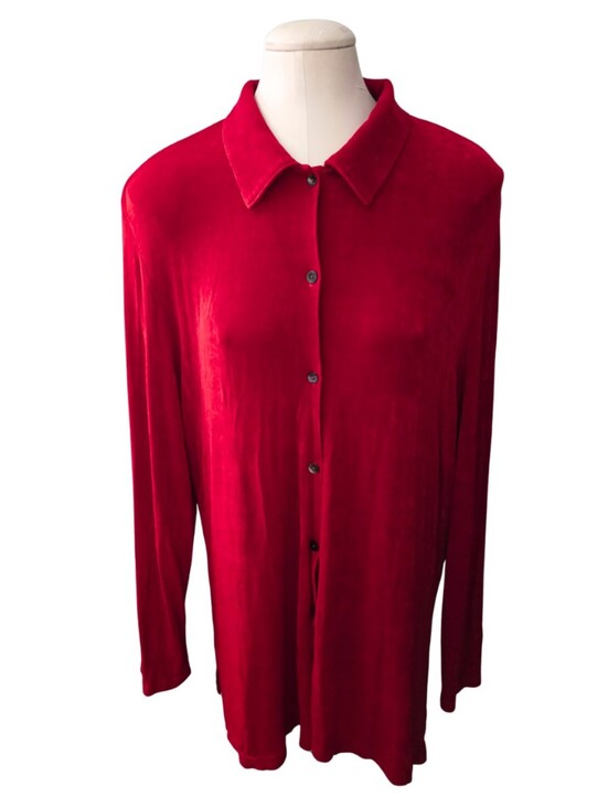 Coldwater Creek Tops - Coldwater Creek Red Velvet Button Front Blouse Tunic Shirt XL Stretch Holiday